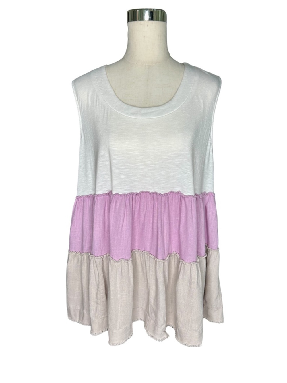 White Birch Colorblock Tiered Sleeveless Tank in White, Lavender & Beige